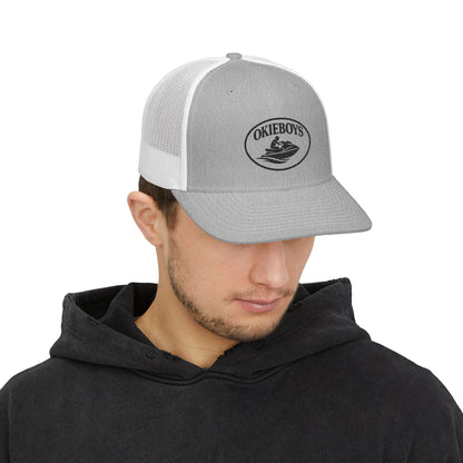 Embroidered Trucker Cap — Classic Black & White Snapback with Oval Logo