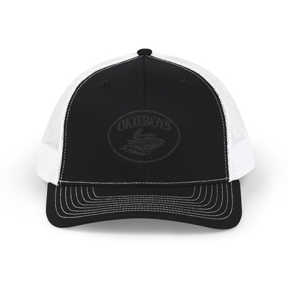 Embroidered Trucker Cap — Classic Black & White Snapback with Oval Logo