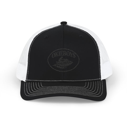 Embroidered Trucker Cap — Classic Black & White Snapback with Oval Logo