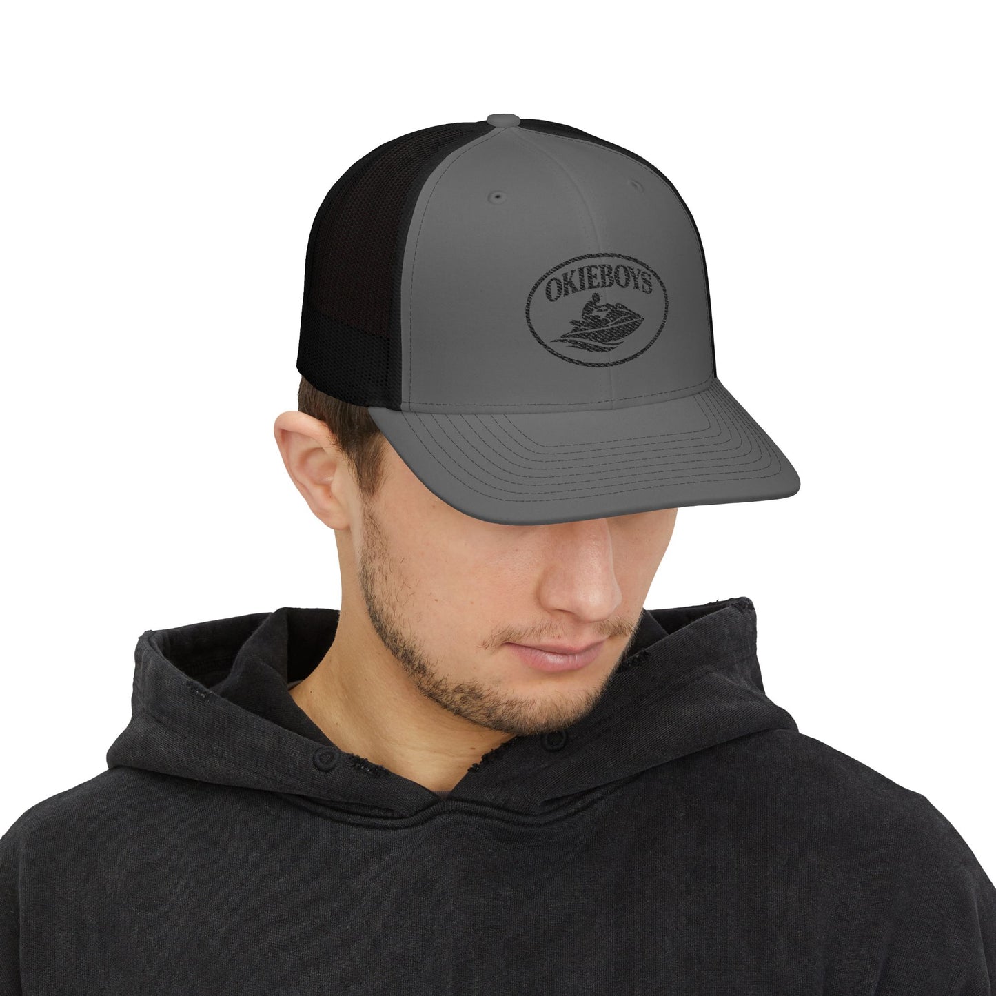 Embroidered Trucker Cap — Classic Black & White Snapback with Oval Logo