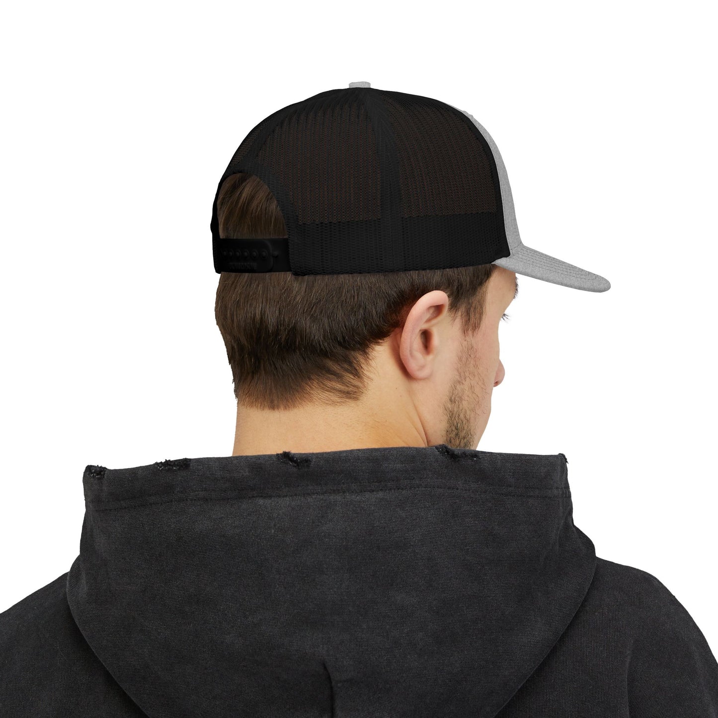 Embroidered Trucker Cap — Classic Black & White Snapback with Oval Logo
