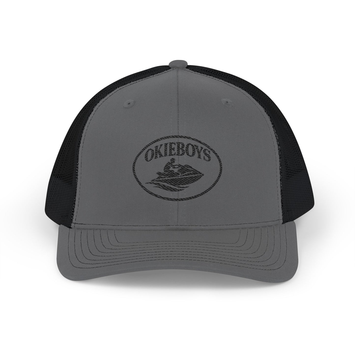 Embroidered Trucker Cap — Classic Black & White Snapback with Oval Logo