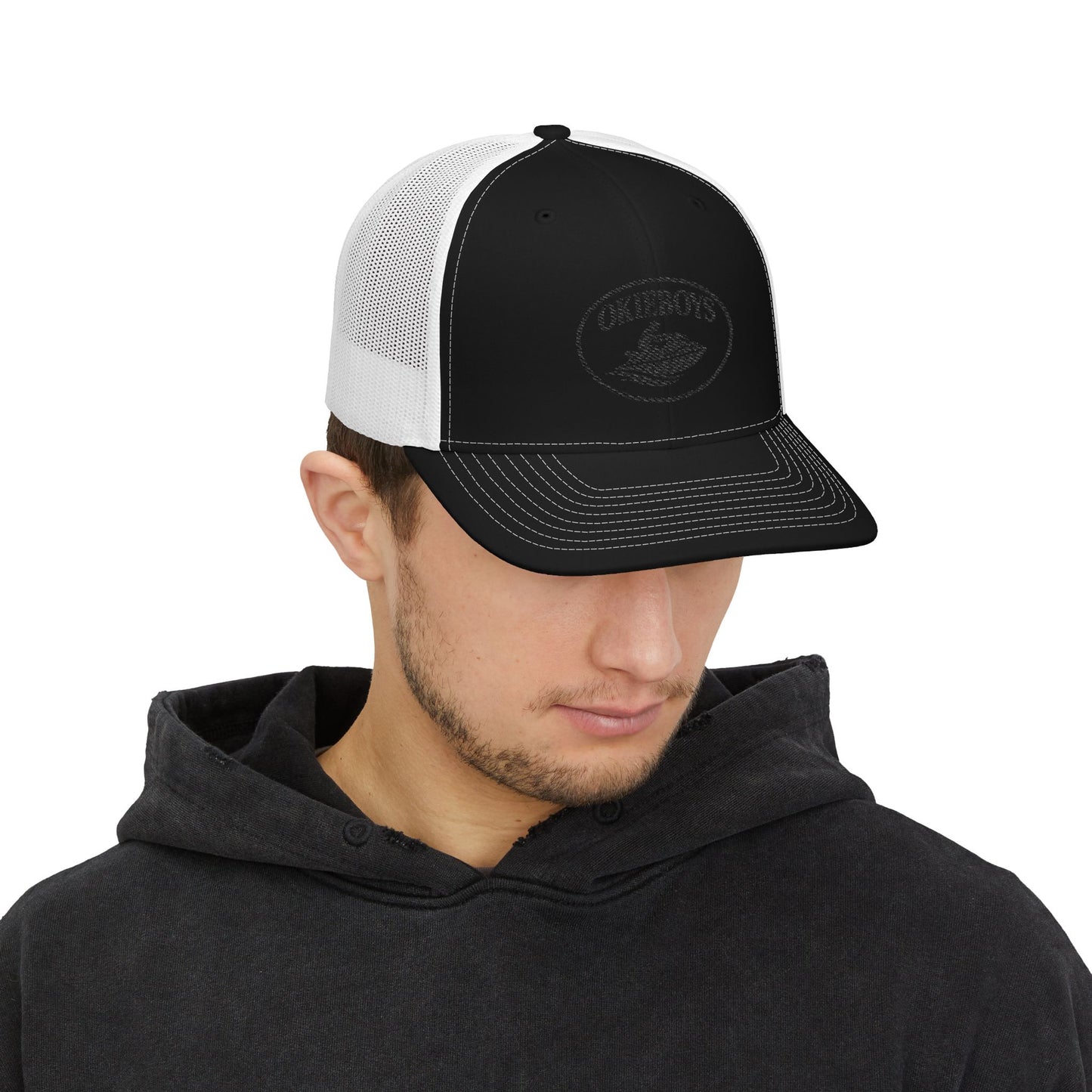 Embroidered Trucker Cap — Classic Black & White Snapback with Oval Logo