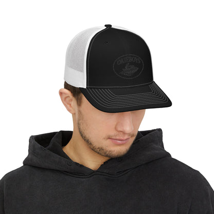Embroidered Trucker Cap — Classic Black & White Snapback with Oval Logo