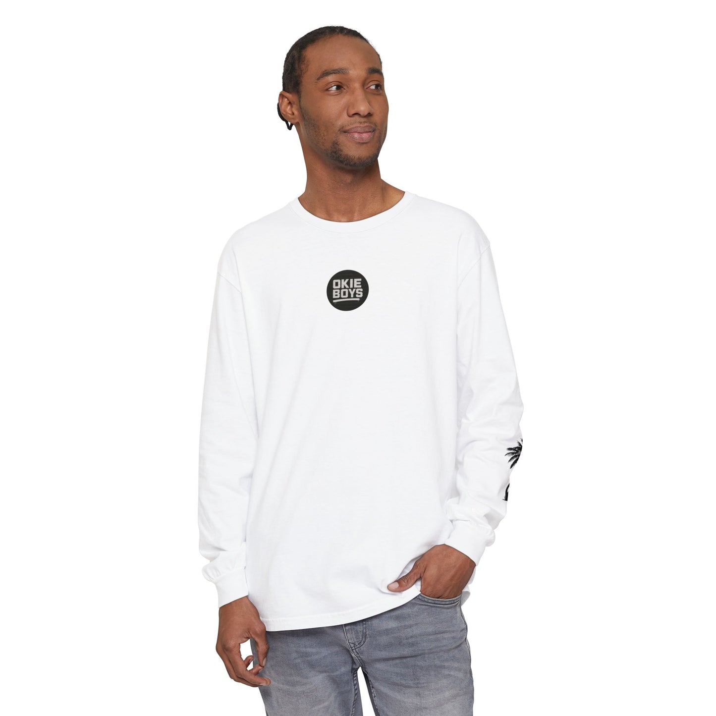 Long Sleeve T-Shirt — "Need Money For Vacation" Palm Graphic