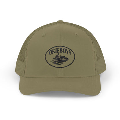 Embroidered Trucker Cap — Classic Black & White Snapback with Oval Logo