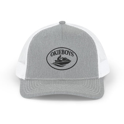 Embroidered Trucker Cap — Classic Black & White Snapback with Oval Logo