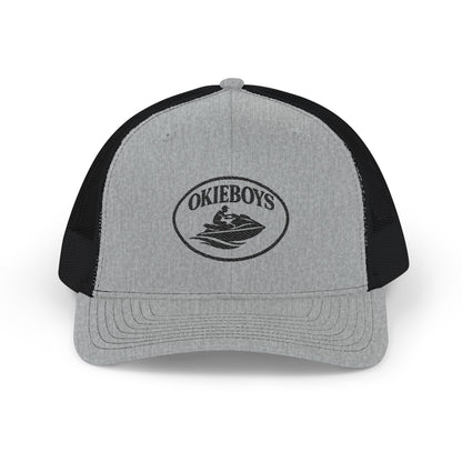 Embroidered Trucker Cap — Classic Black & White Snapback with Oval Logo